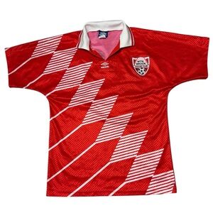 Umbro Red Kids Soccer Jersey with White Collar and Diagonal Stripes